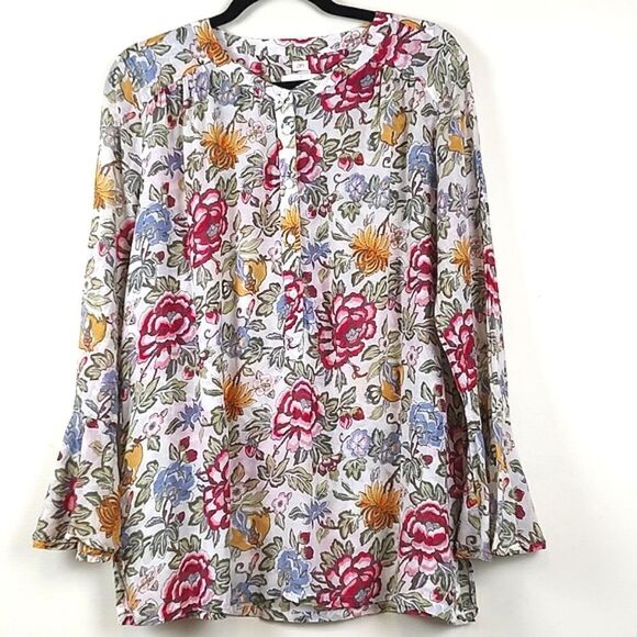LOFT The Softened Shirt Floral Bell Sleeve Cotton Popover Blouse Top Size L - Picture 1 of 12